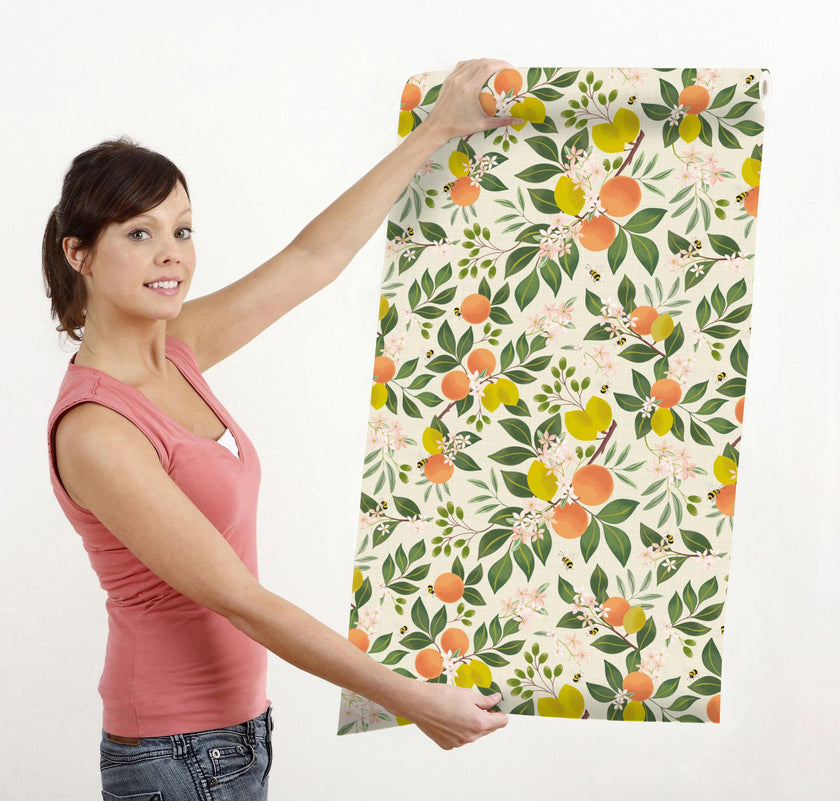 GW5321 Citrus and Bees Olives Flowers Peel and Stick Wallpaper Roll 19 inch wide X 18 feet long, Cream Green Orange