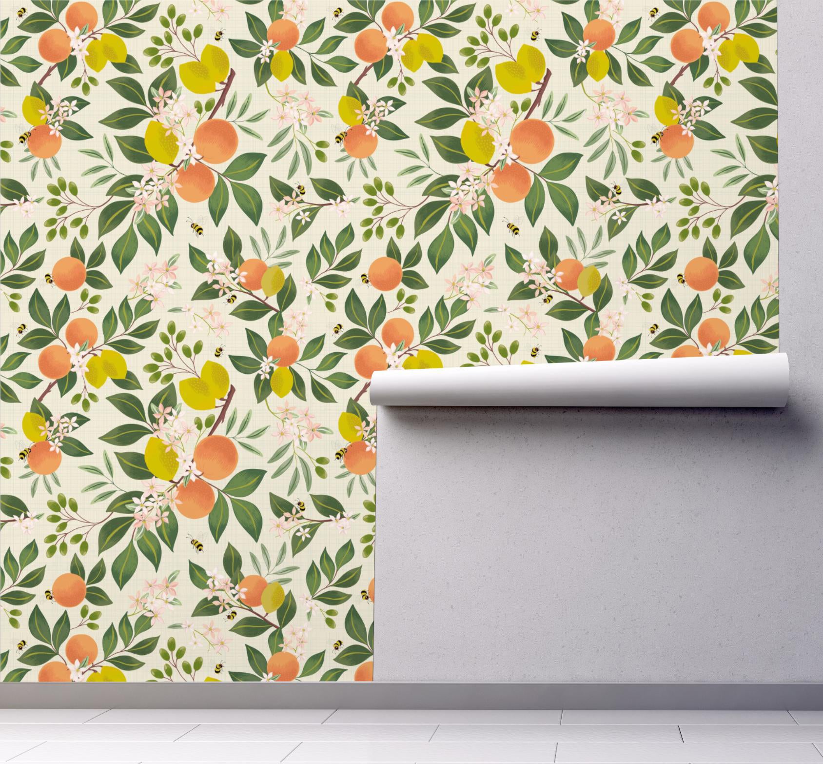 GW5321 Grace & Gardenia Citrus and Bees Olives Flowers Peel and Stick Wallpaper Roll 26 inch wide X 18 feet long, Cream Green Orange