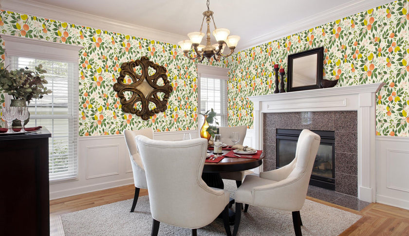 GW5321 Citrus and Bees Olives Flowers Peel and Stick Wallpaper Roll 19 inch wide X 18 feet long, Cream Green Orange