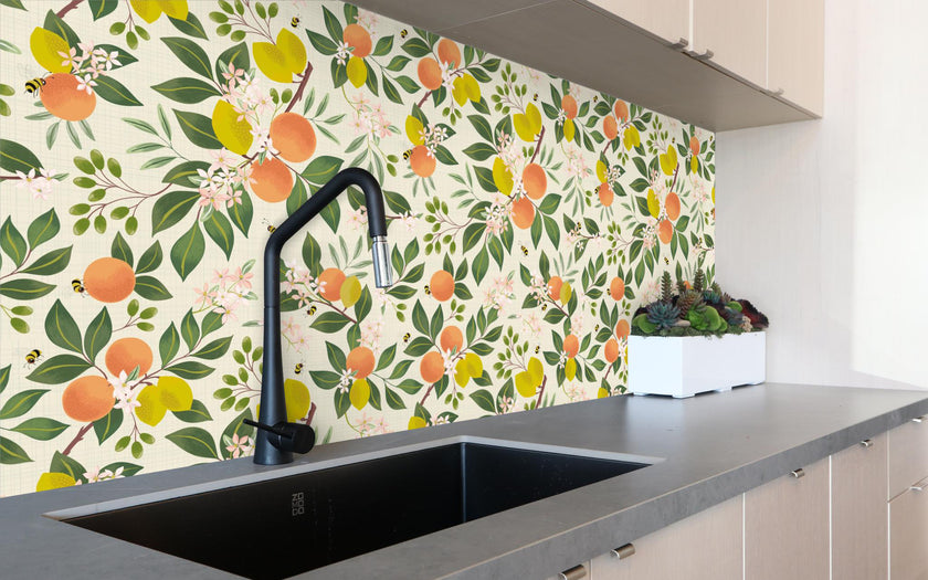 GW5321 Citrus and Bees Olives Flowers Peel and Stick Wallpaper Roll 19 inch wide X 18 feet long, Cream Green Orange