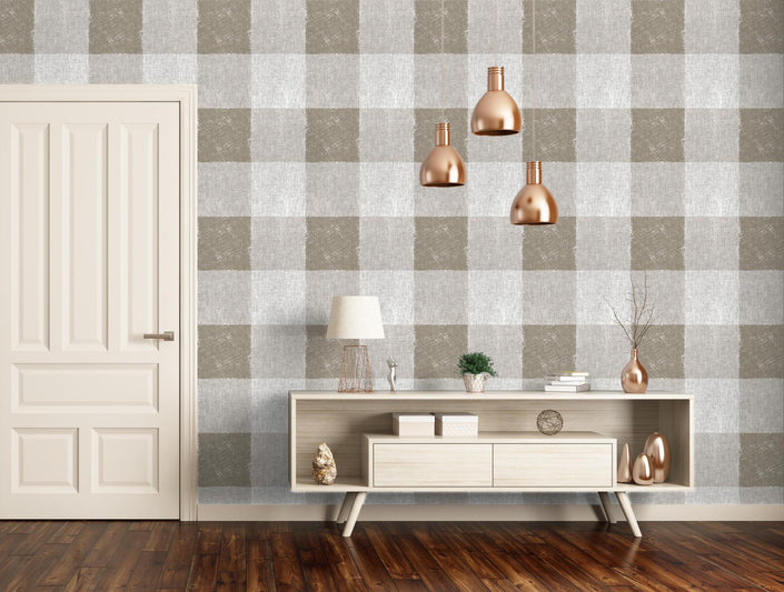 GW6071 Buffalo Plaid Peel and Stick Wallpaper Roll 19 inch wide x 18 feet long Brown Tan Gray