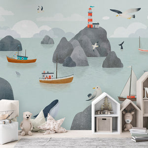 GDSE3730 Seaside Stories Wallpaper Mural Premium Peel and Stick Material 26in Wide x 9 ft. Blue Gray