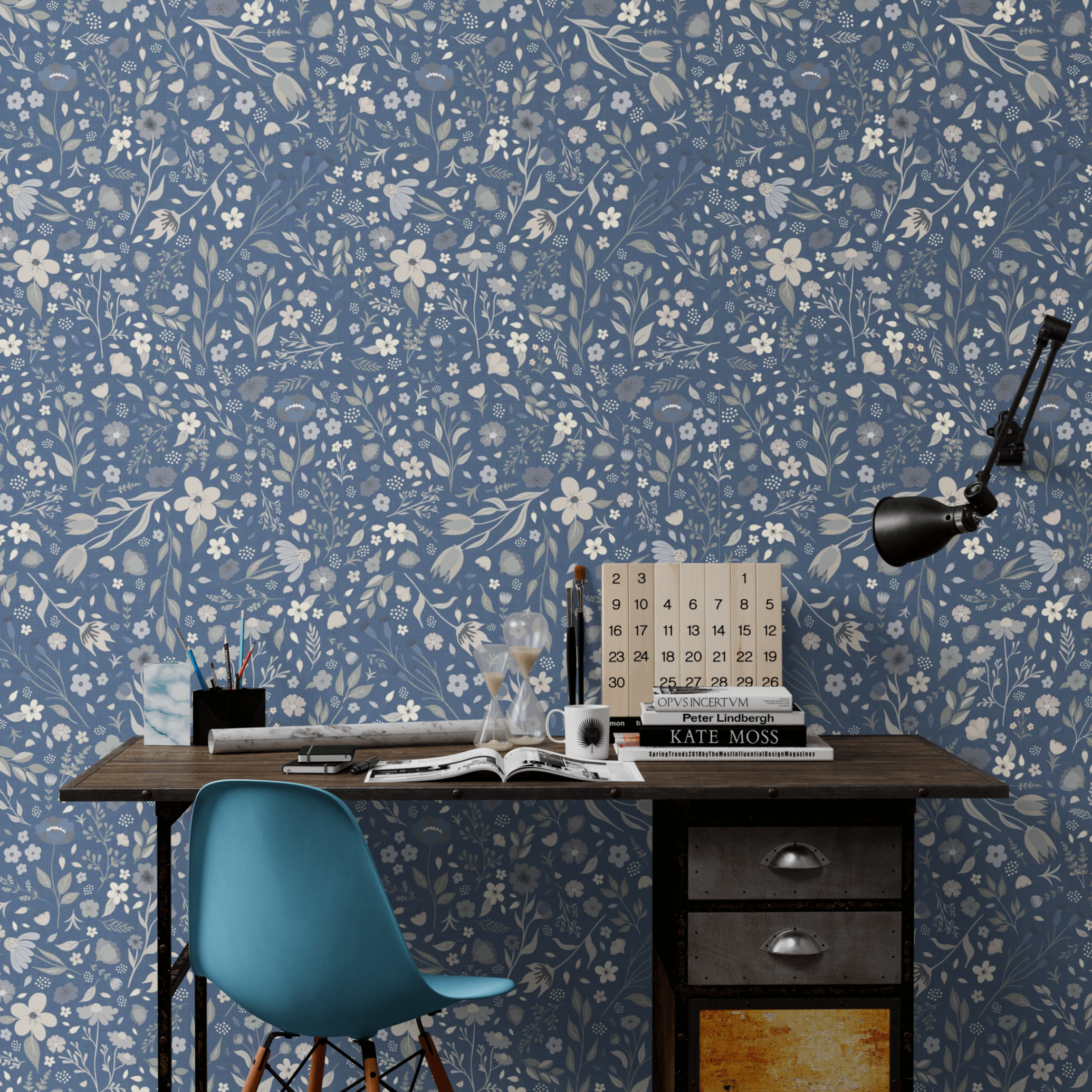 GP5011 Folk Florals Wallpaper Panels In Blue Gray