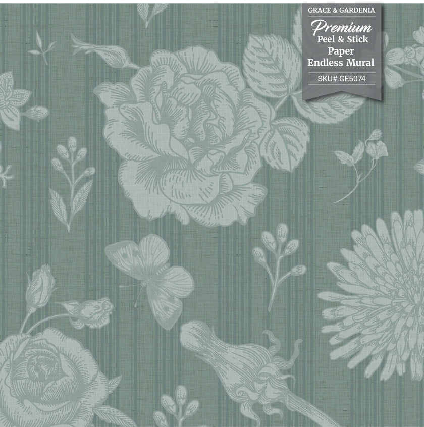 GE5074 Vintage Stripe Botanical Endless Murals Soft Teal Blue Gray