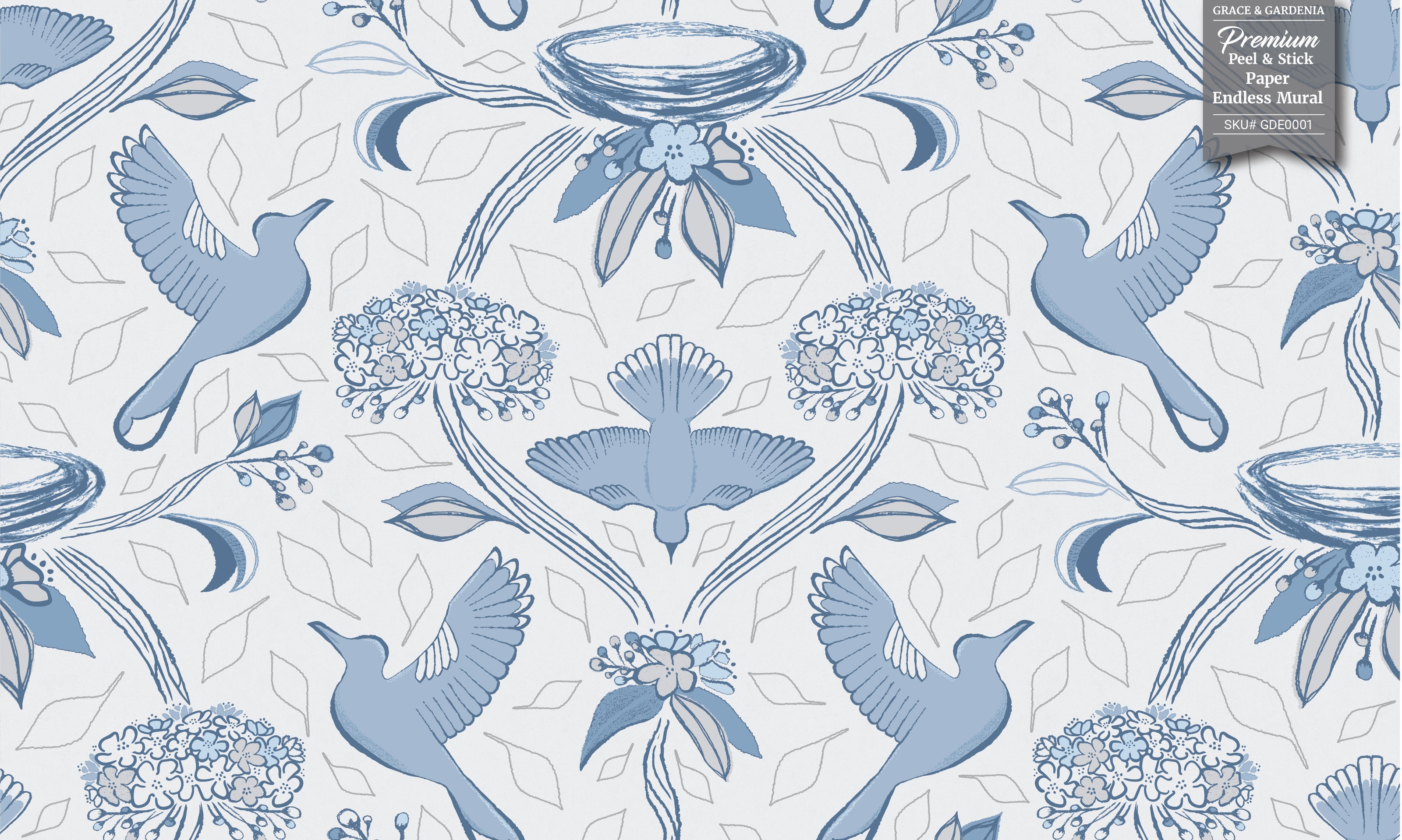 GDE0001 First Flight Endless Mural Peel and Stick Wallpaper Two Panels 26 inch Wide x 6 Ft High in Light Gray Muted Navy Soft Blue