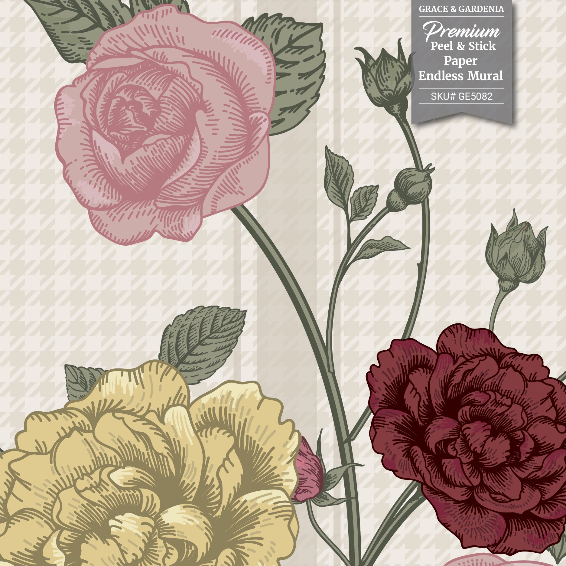 GE5081 Rose Bush Stripe Endless Murals in Pink Yellow and Light Blue