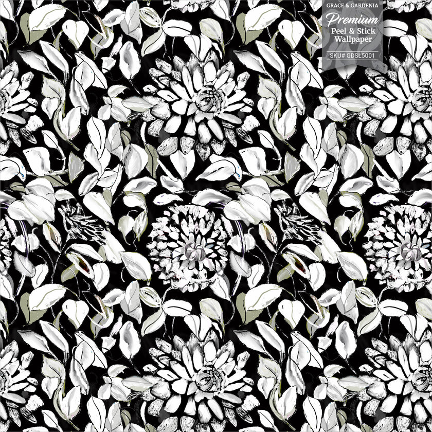 GDSL5003 Dahlias Premium Peel and Stick Wallpaper Panel 26 inch Wide in Light Teal White Black