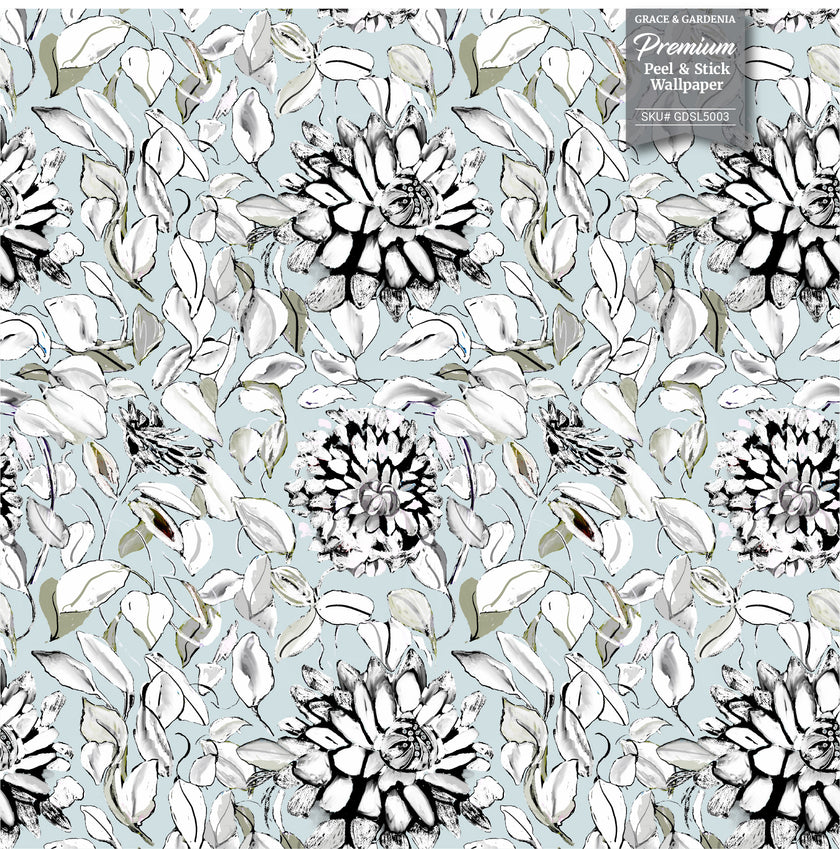 GDSL5001 Dahlias Premium Peel and Stick Wallpaper Panel 26 inch Wide in Black White Muted Green