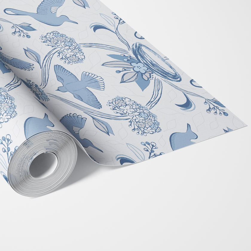 GDE0001 First Flight Endless Mural Peel and Stick Wallpaper Two Panels 26 inch Wide x 6 Ft High in Light Gray Muted Navy Soft Blue