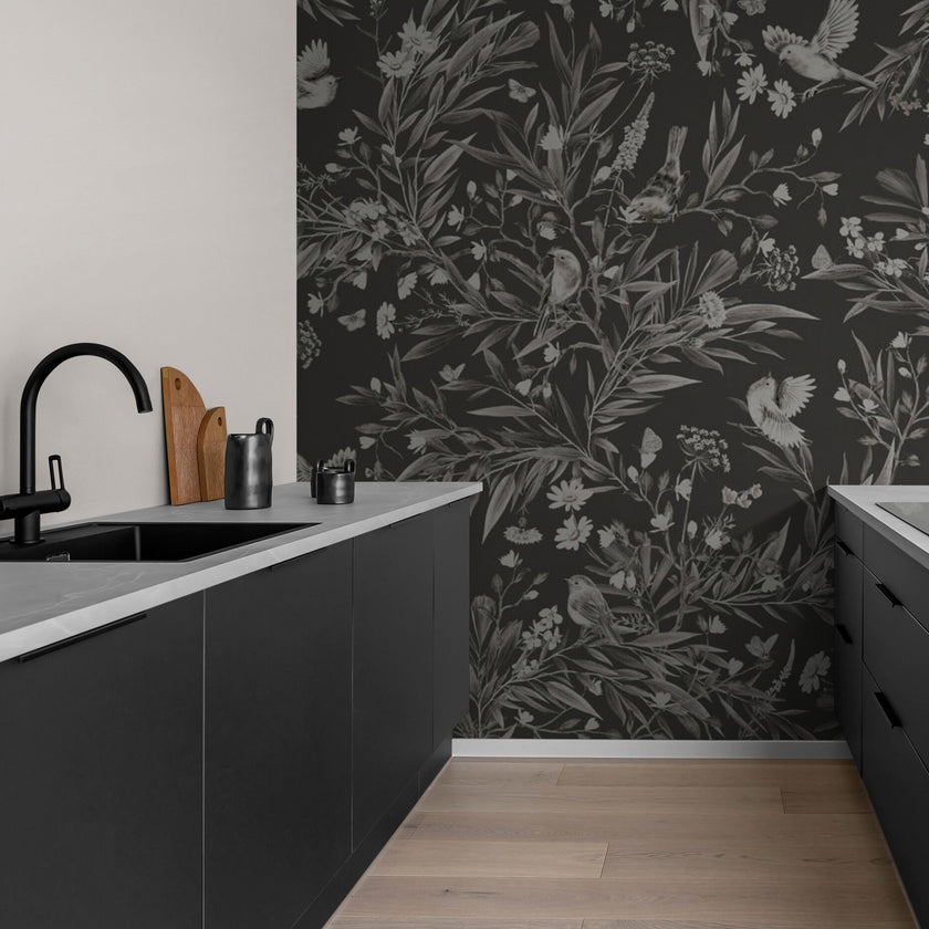 GDSE3172 Playful Robin Wallpaper Premium Peel and Stick Material 26in Wide x 6ft, 9 ft, 12ft, Black