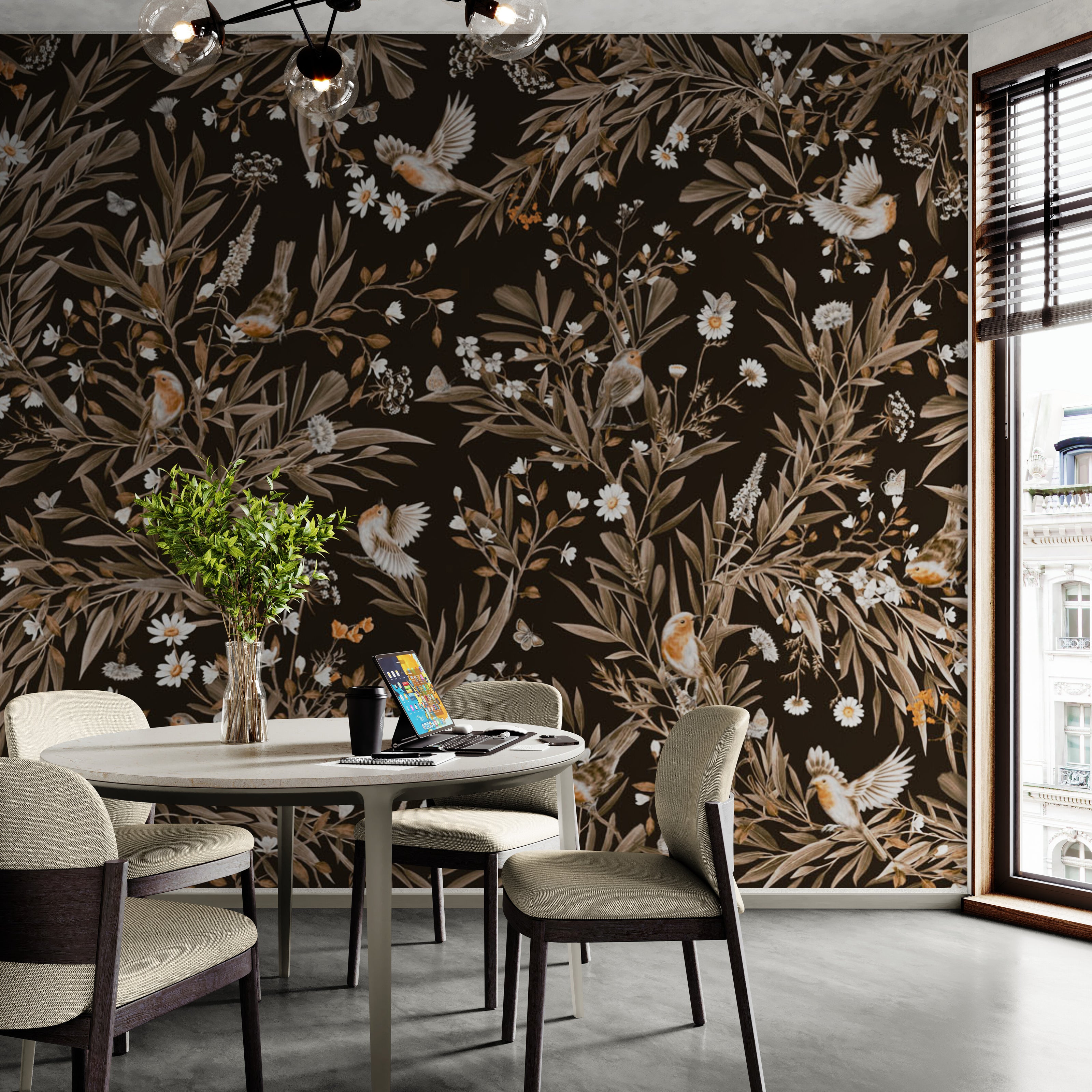 GDSE3178 Playful Robin Wallpaper Premium Peel and Stick Material 26in Wide x 6ft, 9 ft, 12ft, Black Brown