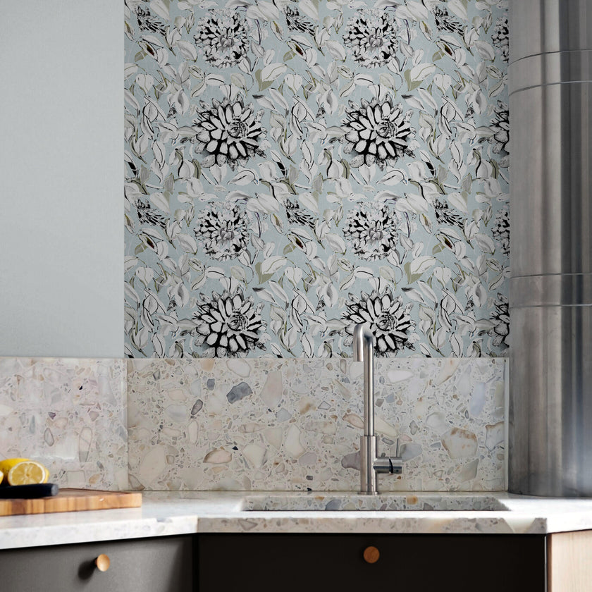 GDSL5003 Dahlias Premium Peel and Stick Wallpaper Panel 26 inch Wide in Light Teal White Black