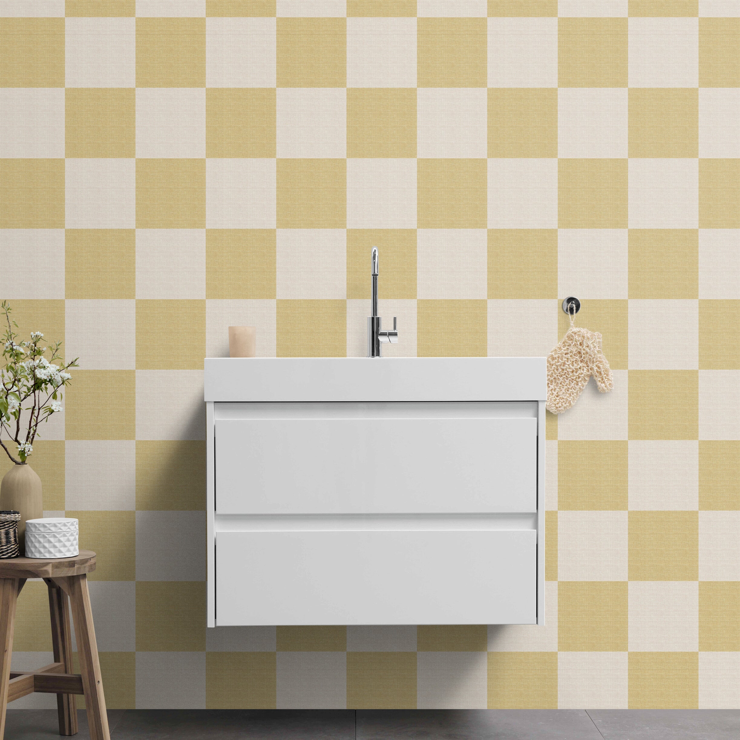 GW0201 Check Faux Grasscloth Plain weave Texture Wallpaper Roll 19 inch Wide x 18 ft. Long in White Tan