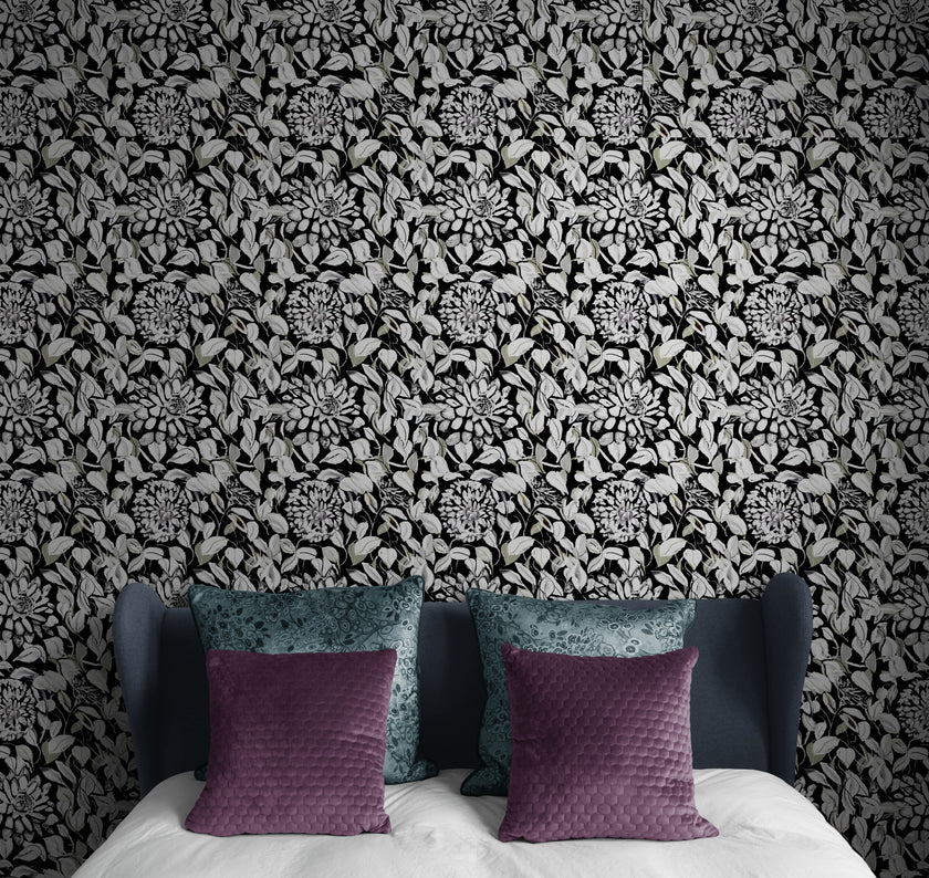 GDSL5003 Dahlias Premium Peel and Stick Wallpaper Panel 26 inch Wide in Light Teal White Black