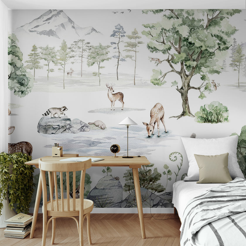 GDSE3040 Deer Forest Wallpaper Mural Premium Peel and Stick Material 26in Wide x 9 ft. Summer Green