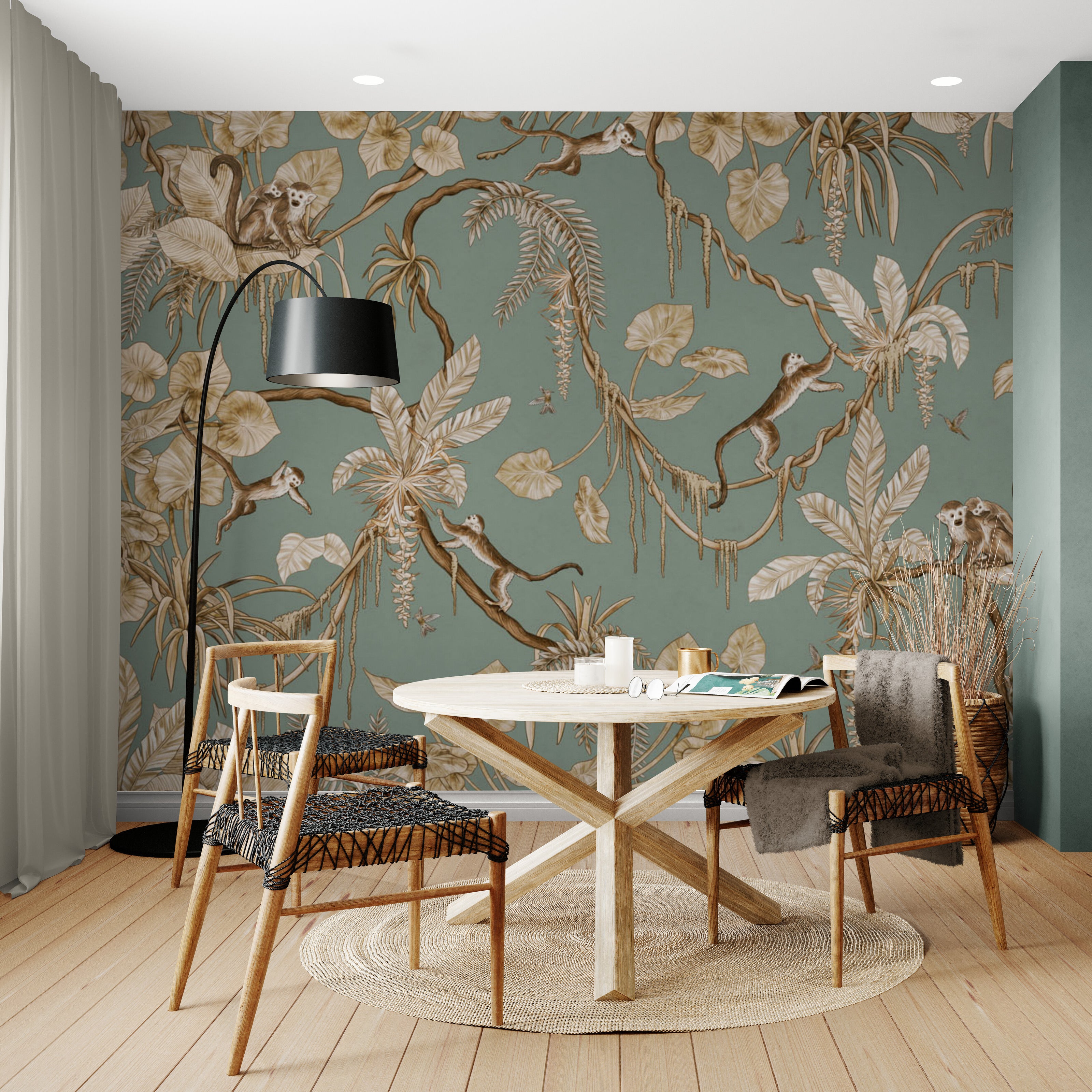 GDSE3160 Playful Monkey Wallpaper Premium Peel and Stick Material 26in Wide x 6ft, 9 ft, 12ft, Vintage Green