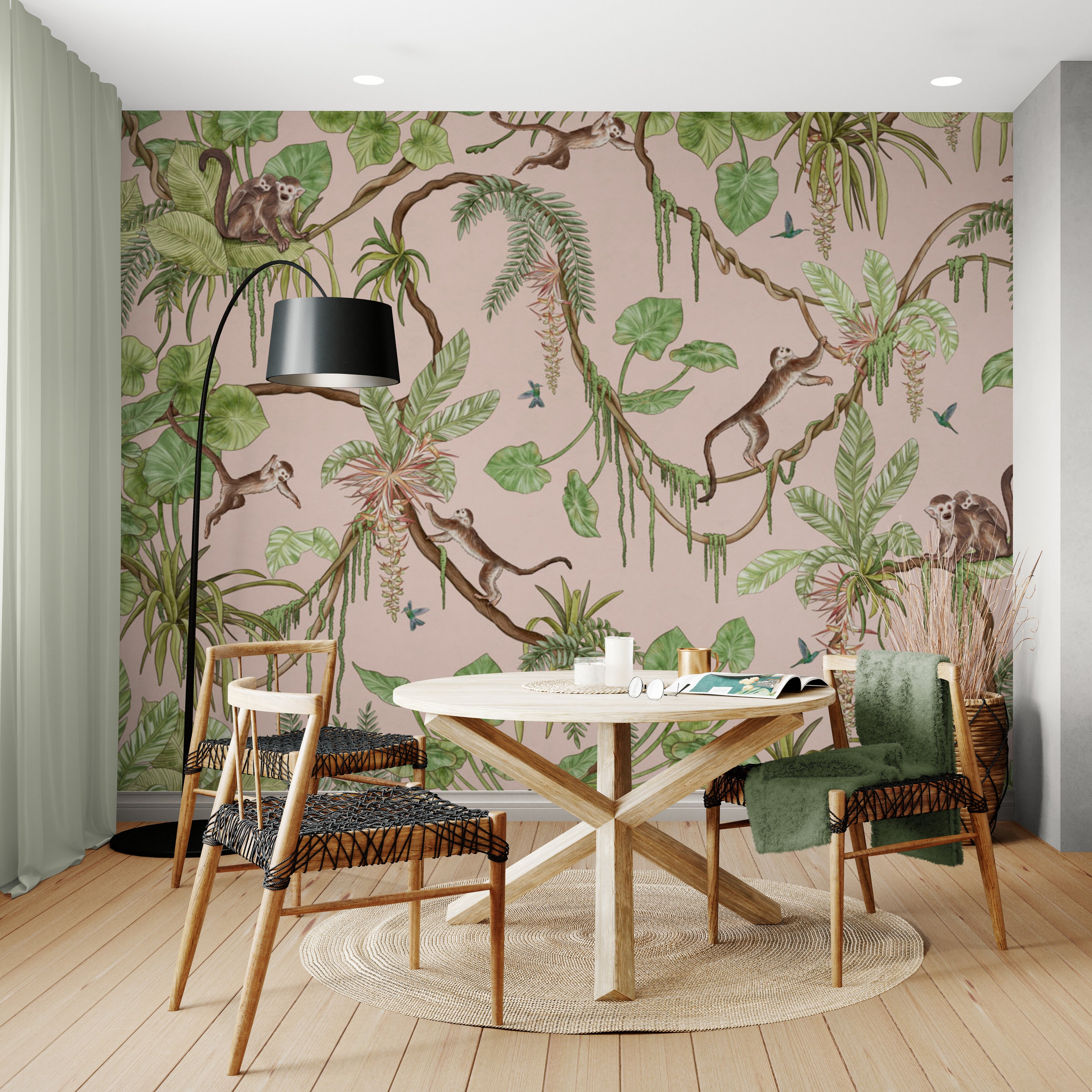 GDSE3156 Playful Monkey Wallpaper Premium Peel and Stick Material 26in Wide x 6ft, 9 ft, 12ft, Pink