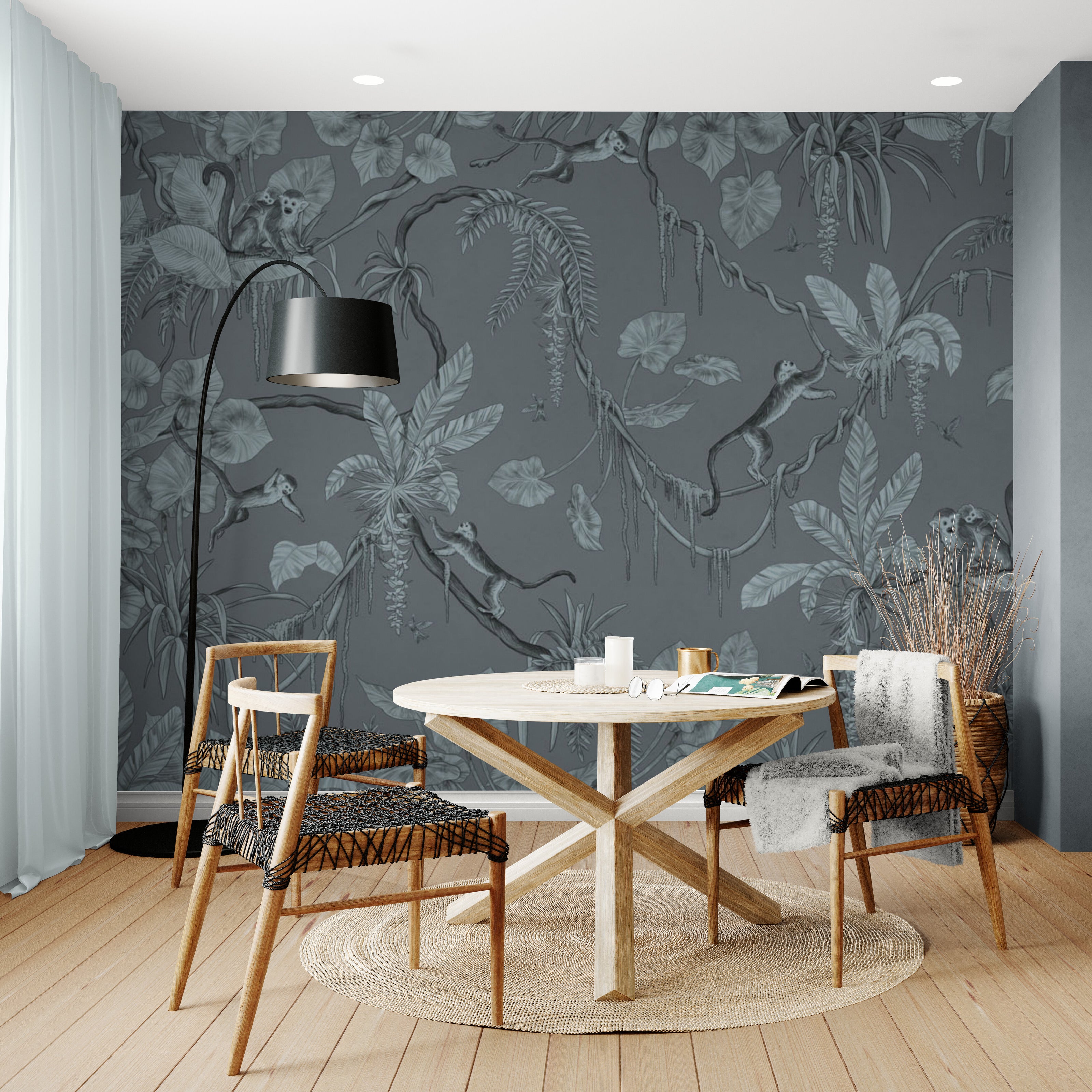 GDSE3153 Playful Monkey Wallpaper Premium Peel and Stick Material 26in Wide x 6ft, 9 ft, 12ft, Monochrome Blue