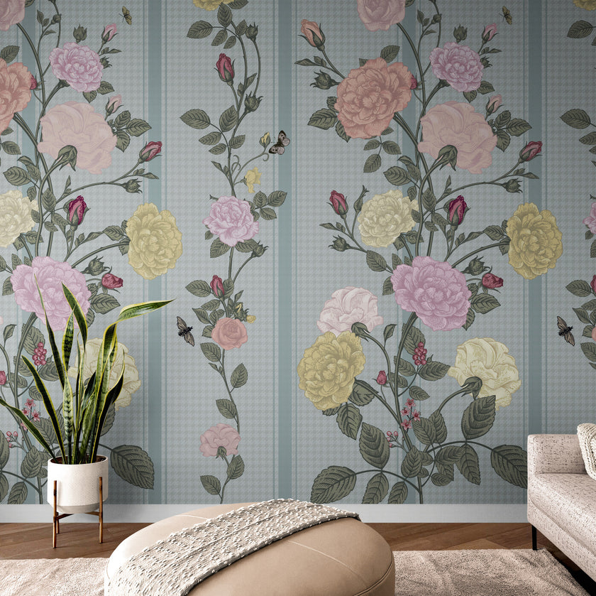 GE5080 Rose Bush Stripe Endless Murals in Dark Red Pink Yellow Navy