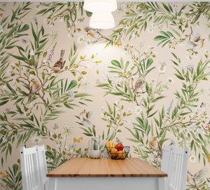 GDSE3170 Playful Robin Wallpaper Premium Peel and Stick Material 26in Wide x 6ft, 9 ft, 12ft, Beige
