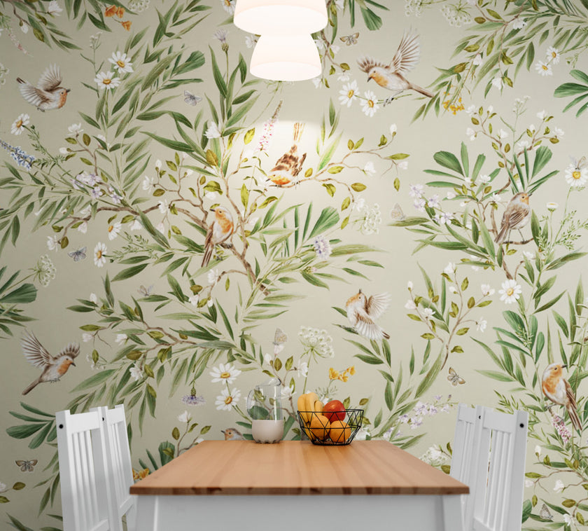 GDSE3180 Playful Robin Wallpaper Premium Peel and Stick Material 26in Wide x 6ft, 9 ft, 12ft, Vintage Green