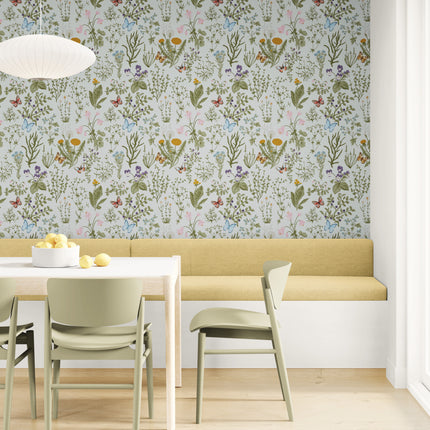 GN5041 Wildflowers and Butterflies Fine Wallpaper Roll size 26 inch Wide x 27 ft. Long, Cream/Green