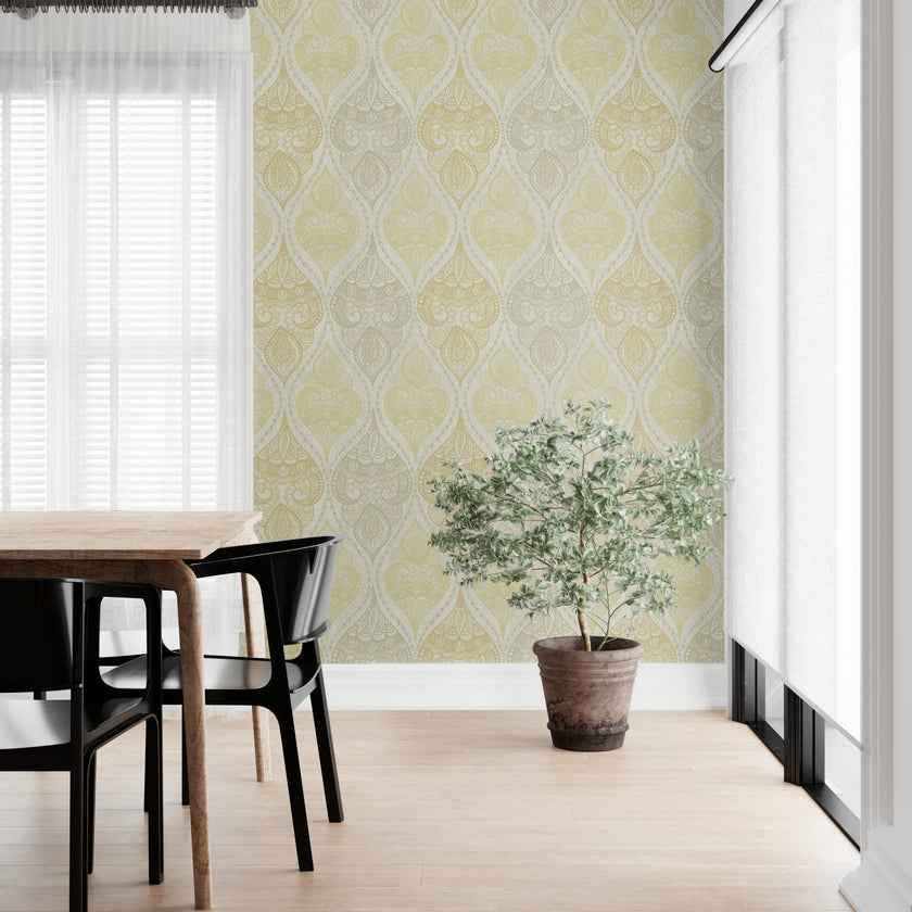 GW0173 Vintage Stone Yellow Paisley Wallpaper Panel 26in Wide