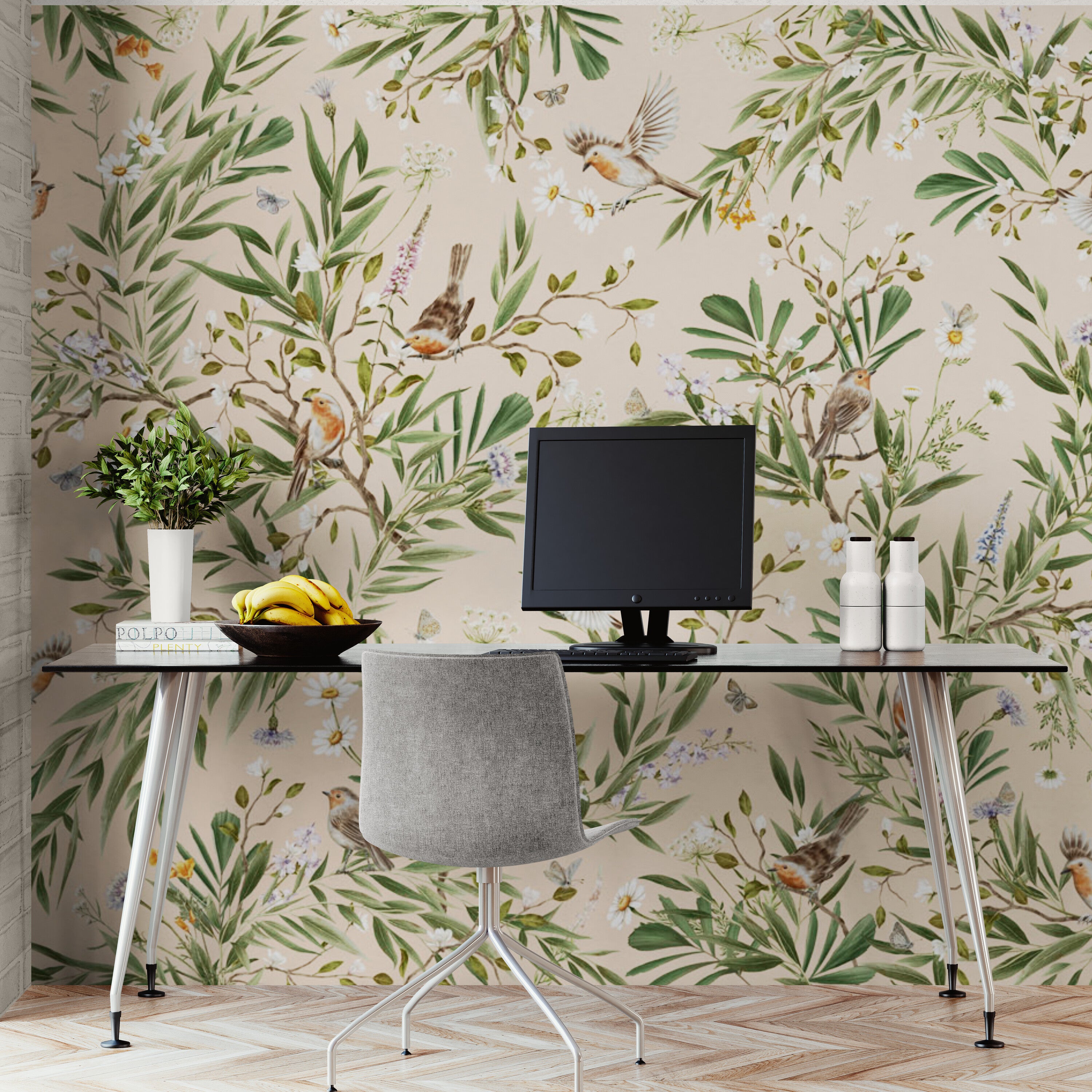 GDSE3170 Playful Robin Wallpaper Premium Peel and Stick Material 26in Wide x 6ft, 9 ft, 12ft, Beige