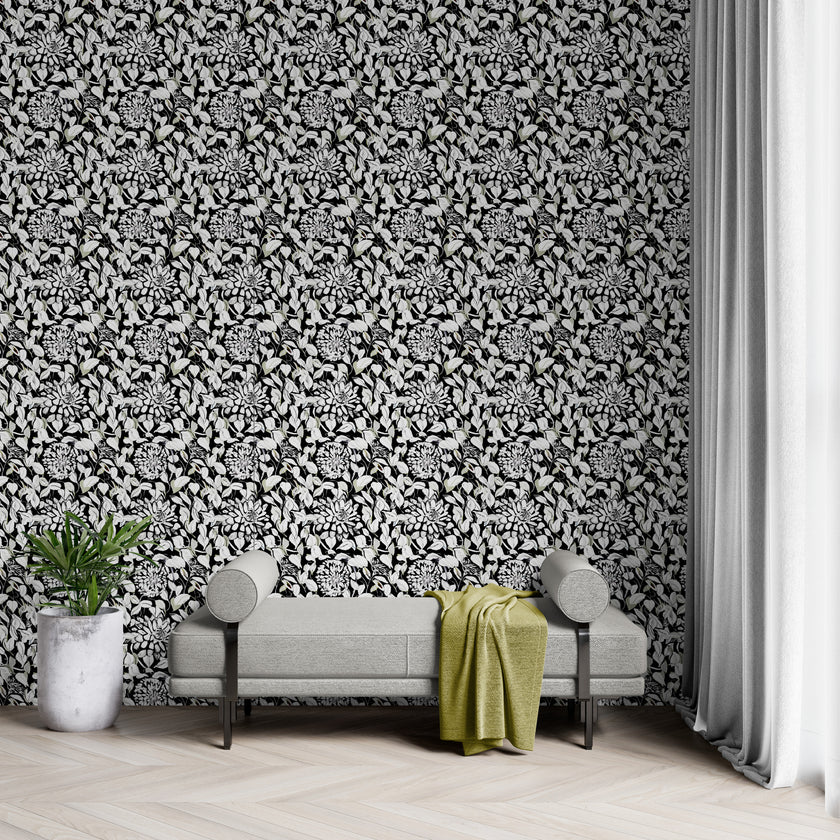 GDSL5003 Dahlias Premium Peel and Stick Wallpaper Panel 26 inch Wide in Light Teal White Black