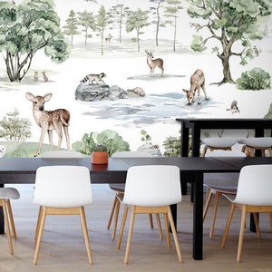 GDSE3041 Deer Forest Wallpaper Mural Premium Peel and Stick Material 26in Wide x 9 ft. Winter White