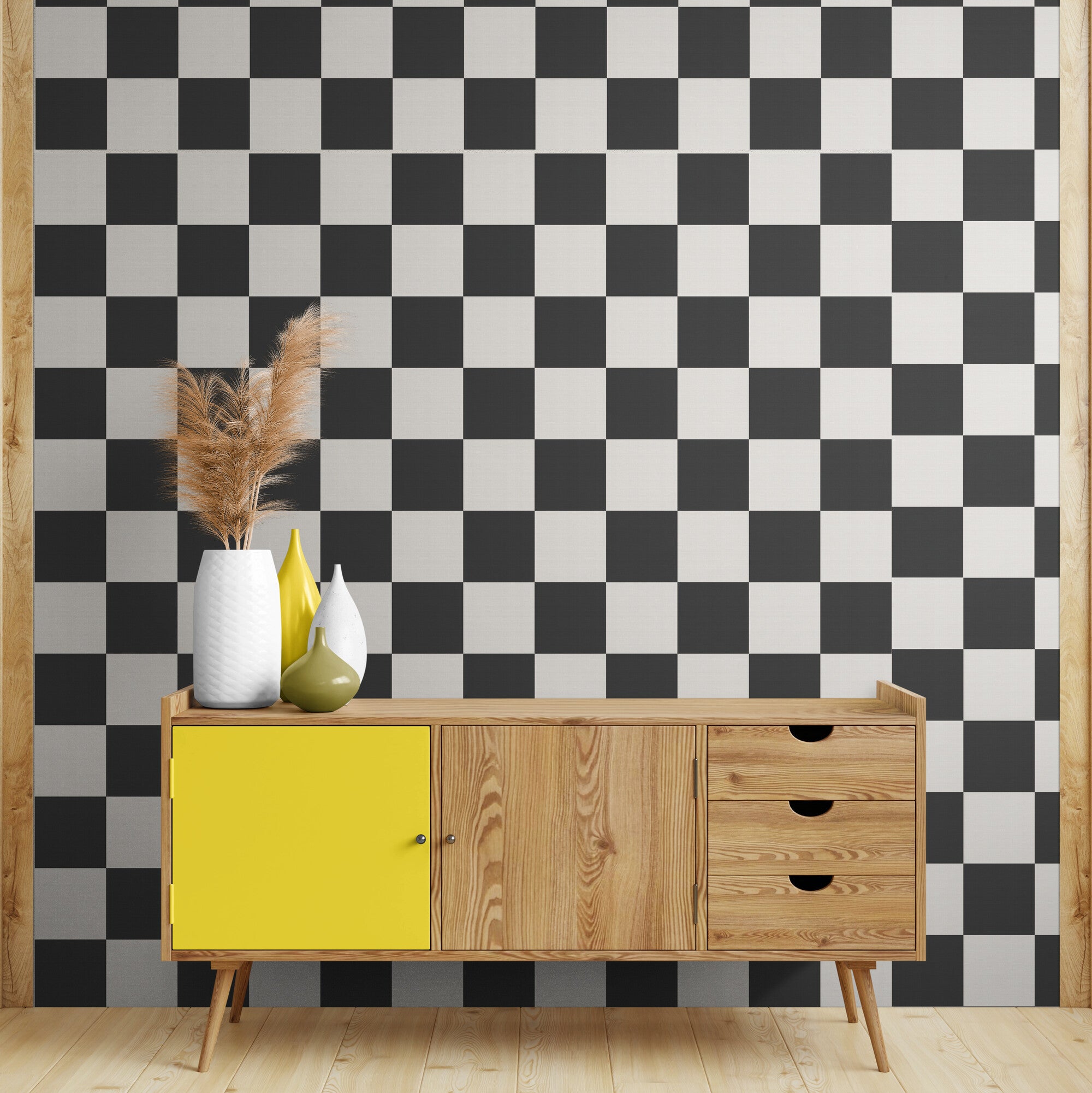 GW0200 Check Faux Grasscloth Plain weave Texture Wallpaper Roll 19 inch Wide x 18 ft. Long in Black White