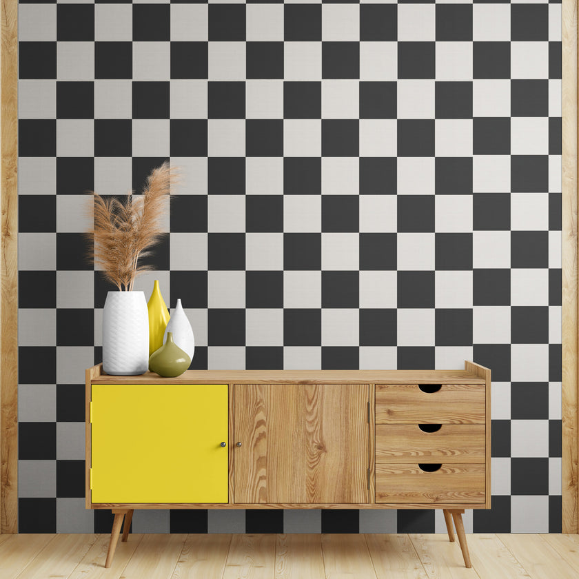 GW0200 Check Faux Grasscloth Plain weave Texture Wallpaper Roll 19 inch Wide x 18 ft. Long in Black White