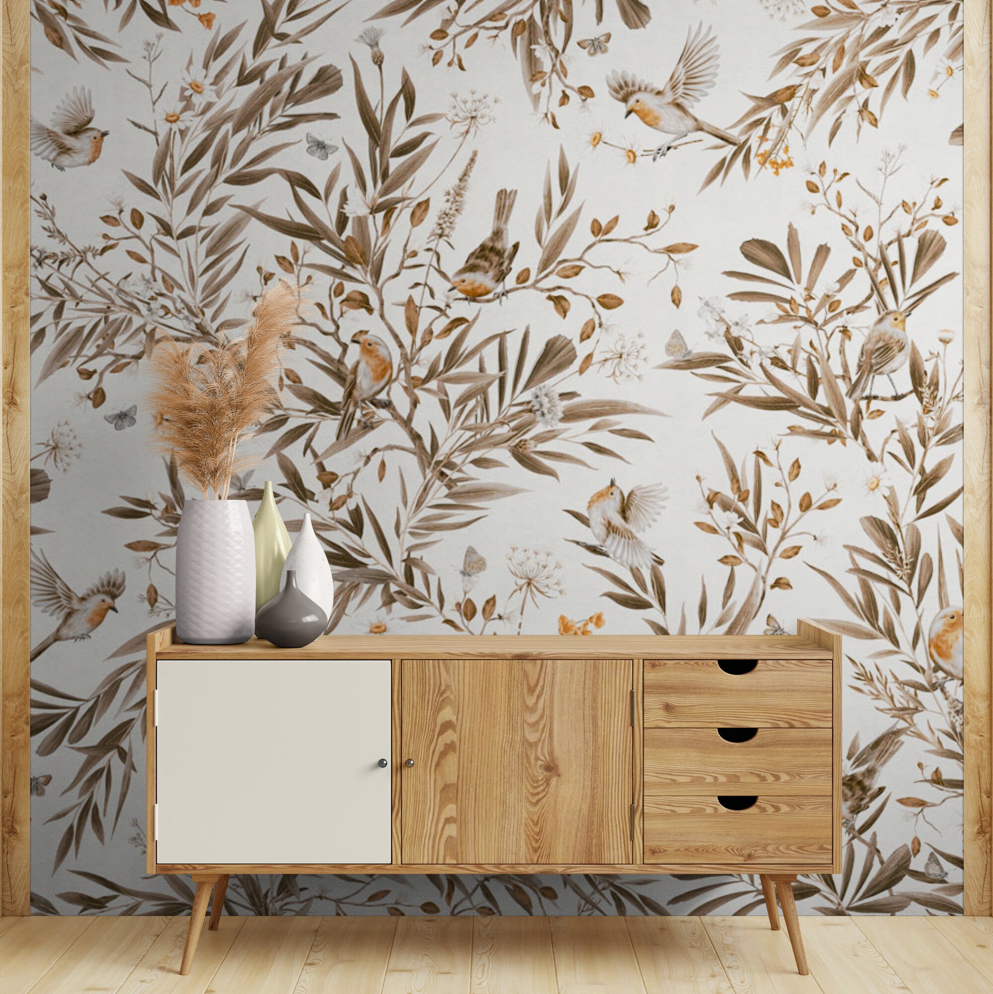 GDSE3190 Playful Robin Wallpaper Premium Peel and Stick Material 26in Wide x 6ft, 9 ft, 12ft, White