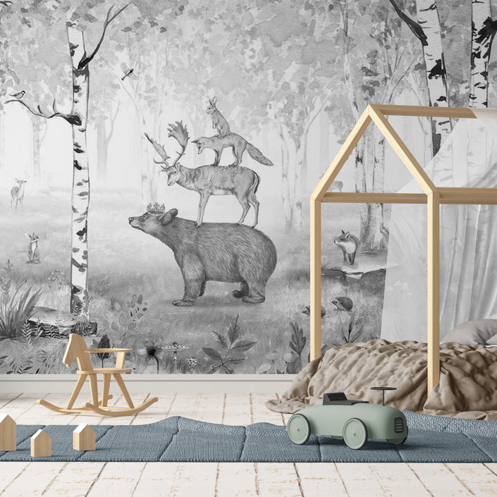GDSE3020 Bear King Wallpaper Mural Premium Peel and Stick Material 26in Wide x 9 ft. Black White Gray