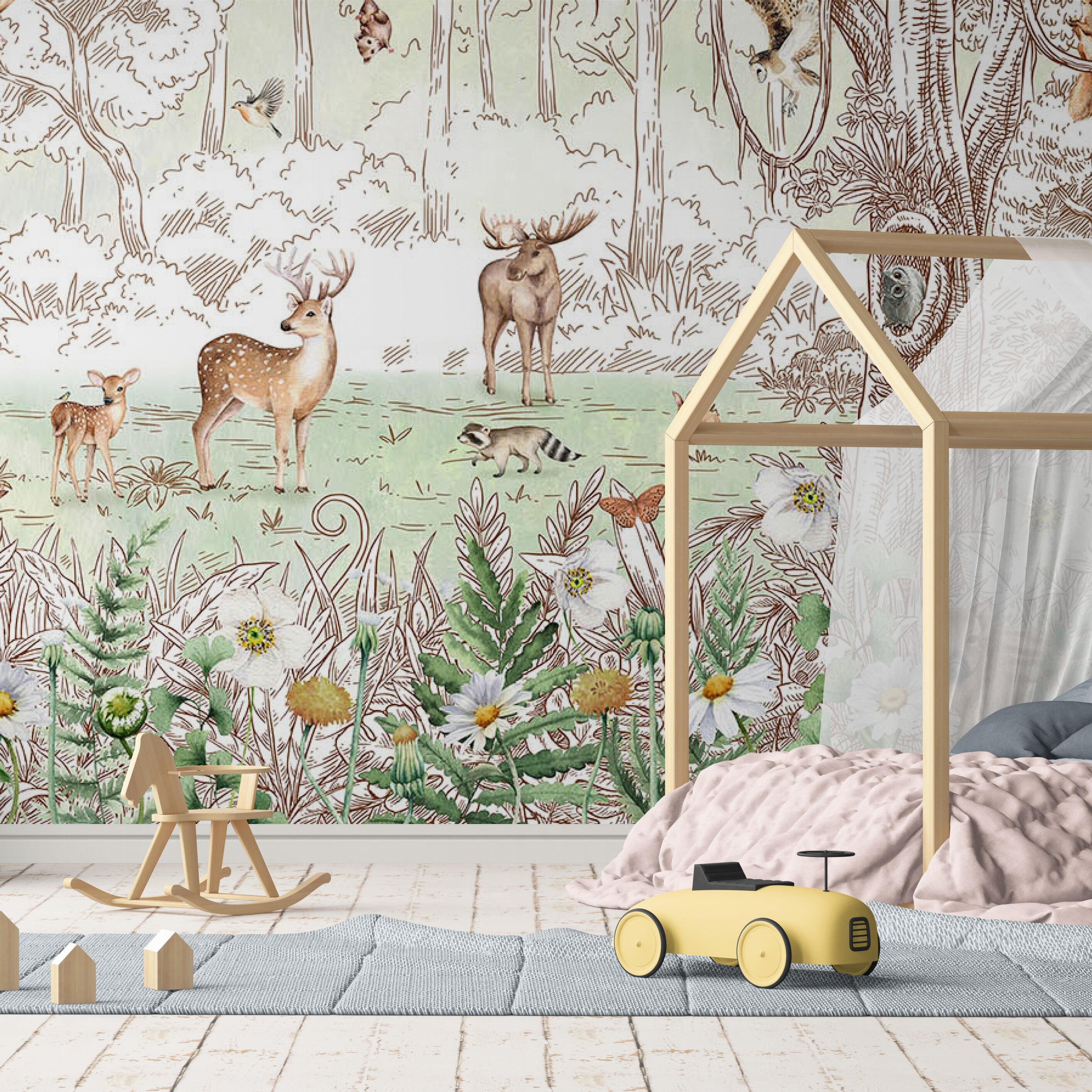 GDSE3051 Forest Friends Wallpaper Mural Premium Peel and Stick Material 26in Wide x 9 ft. Green White