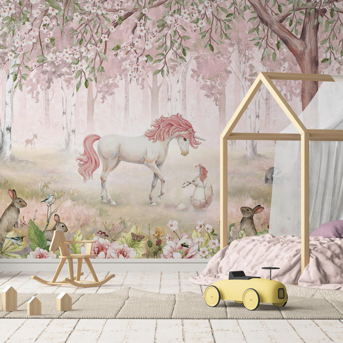 GDSE3121 Unicorn Forest Wallpaper Premium Peel and Stick Material 26in Wide x 6ft, 9 ft, 12ft, Pink Pink