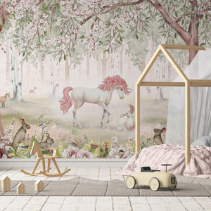 GDSE3121 Unicorn Forest Wallpaper Premium Peel and Stick Material 26in Wide x 6ft, 9 ft, 12ft, Pink Pink