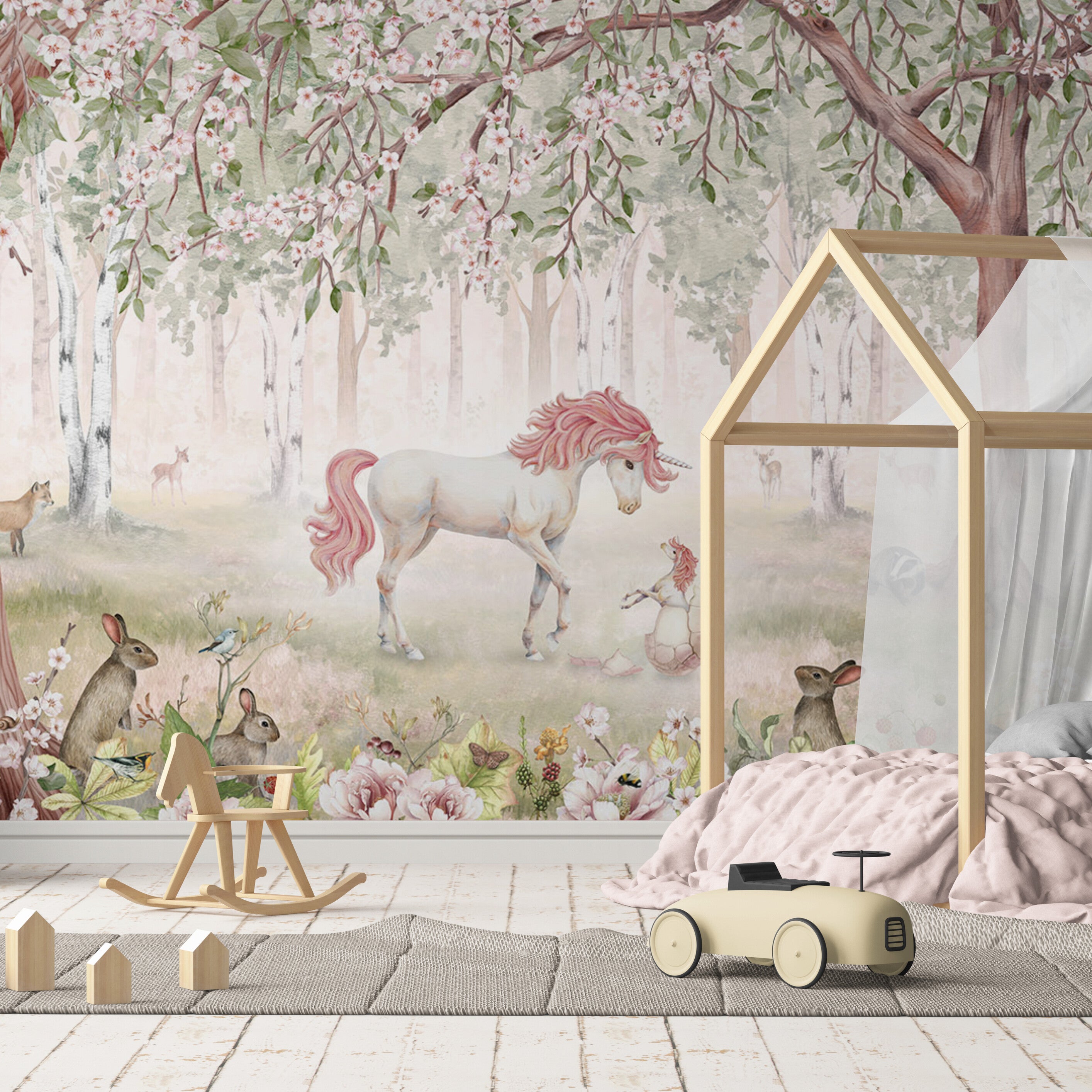 GDSE3121 Unicorn Forest Wallpaper Premium Peel and Stick Material 26in Wide x 6ft, 9 ft, 12ft, Pink Pink