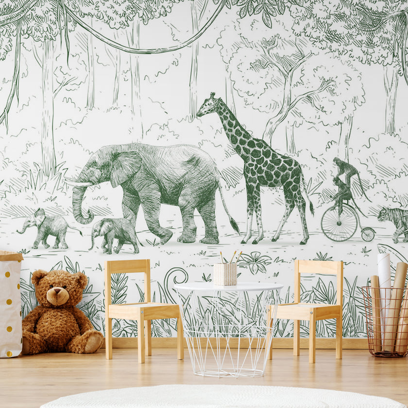 GDSE3012 Animal Parade Wallpaper Mural Premium Peel and Stick Material 26in Wide x 9 ft. Green