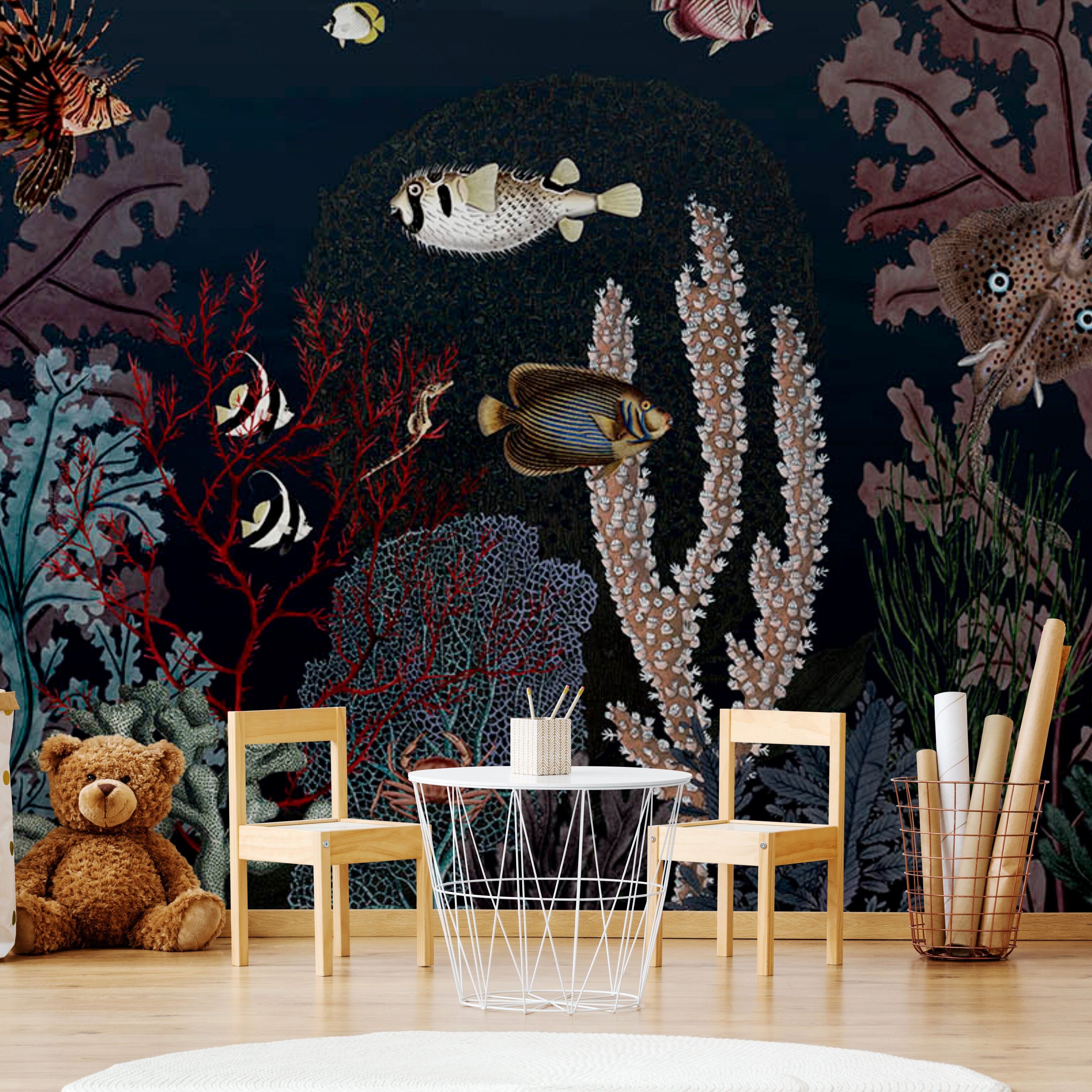 GDSE3130 Roaring Reef Wallpaper Premium Peel and Stick Material 26in Wide x 6ft, 9 ft, 12ft, Dark Blue