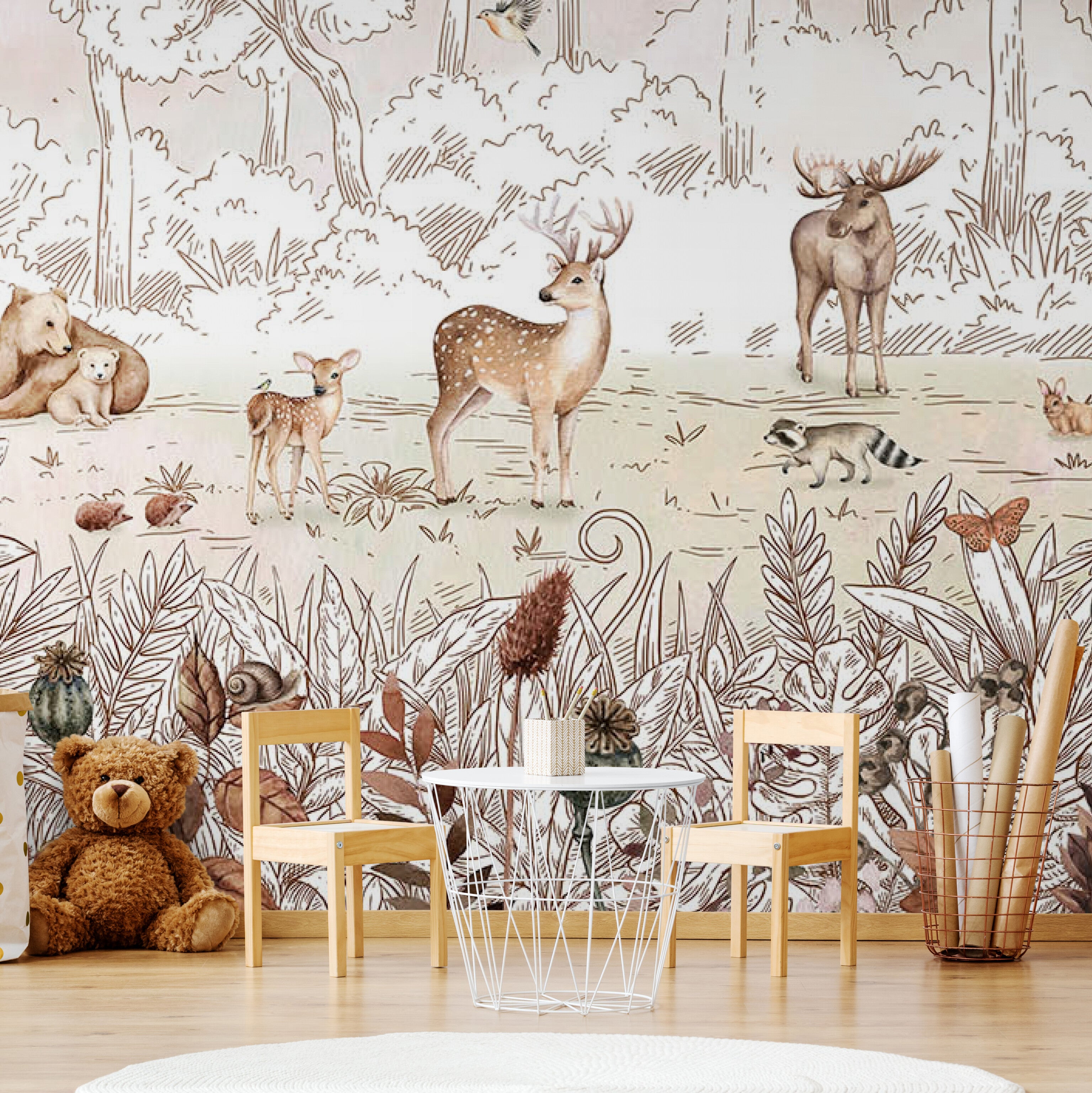 GDSE3050 Forest Friends Wallpaper Mural Premium Peel and Stick Material 26in Wide x 9 ft. White Brown
