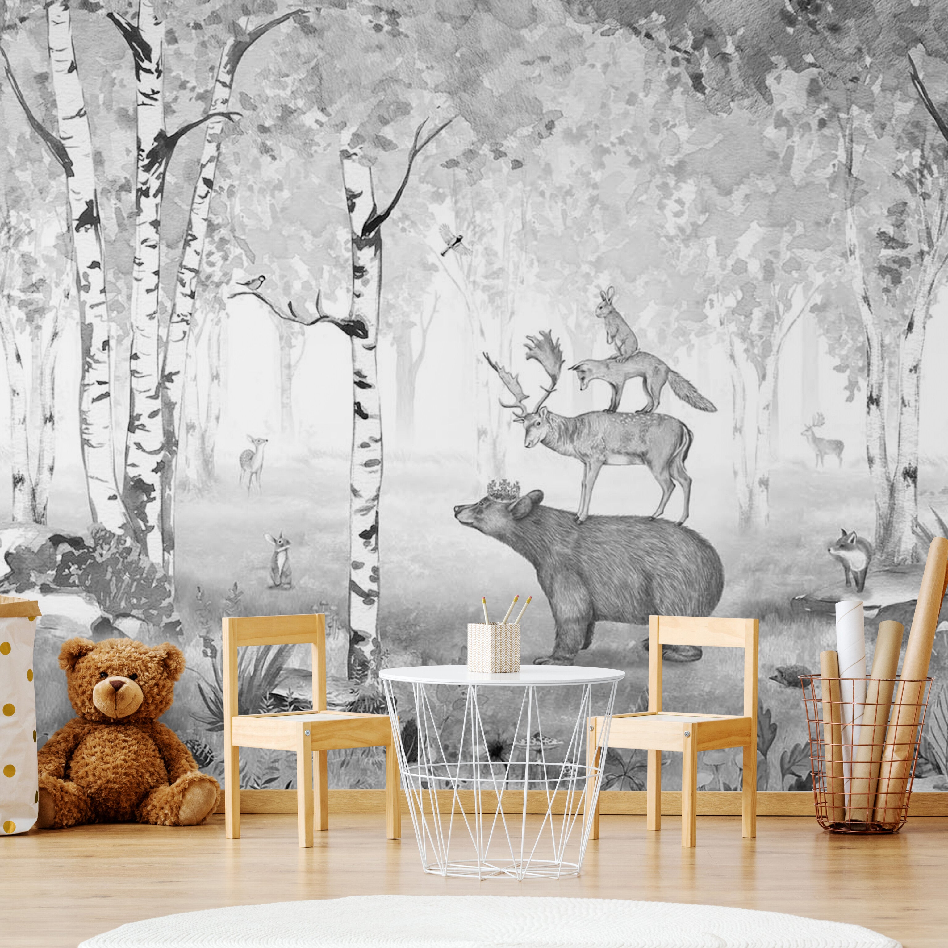 GDSE3020 Bear King Wallpaper Mural Premium Peel and Stick Material 26in Wide x 9 ft. Black White Gray