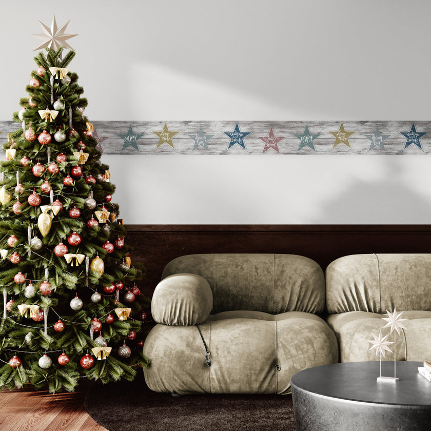 GB4031 Farmhouse Star Affirmation Distressed Wood Peel and Stick Wallpaper Border 10in or 8in Height x 15ft Long, Neutral Brown Gray Off White
