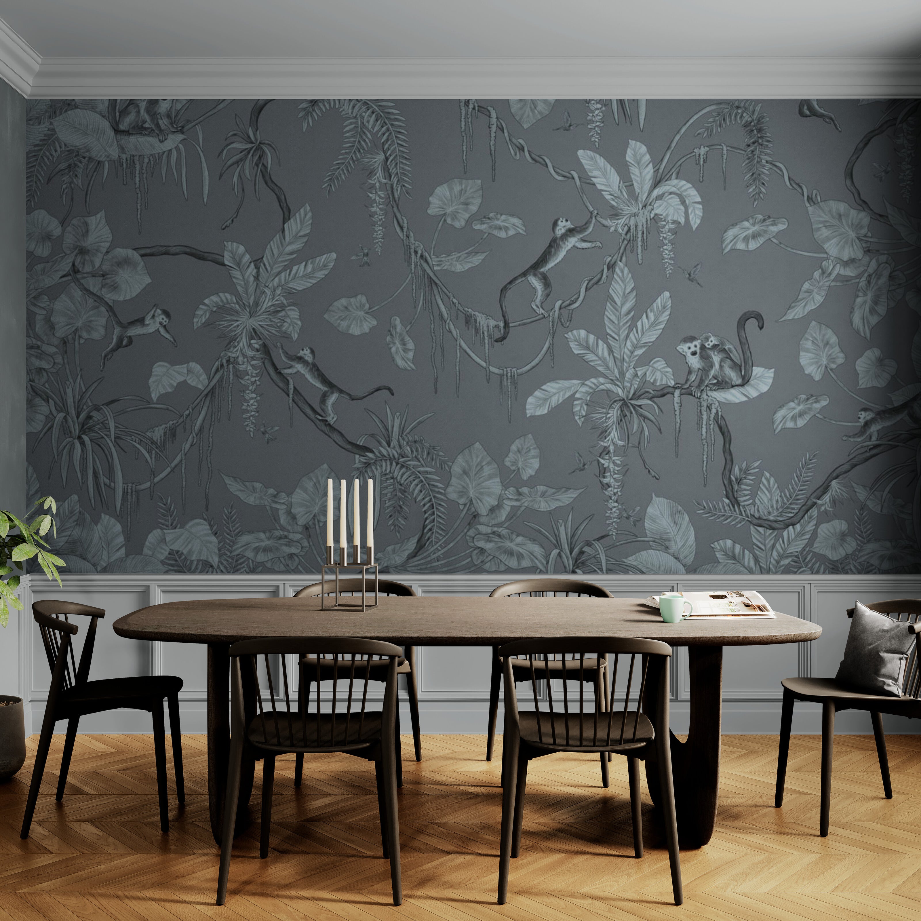 GDSE3153 Playful Monkey Wallpaper Premium Peel and Stick Material 26in Wide x 6ft, 9 ft, 12ft, Monochrome Blue