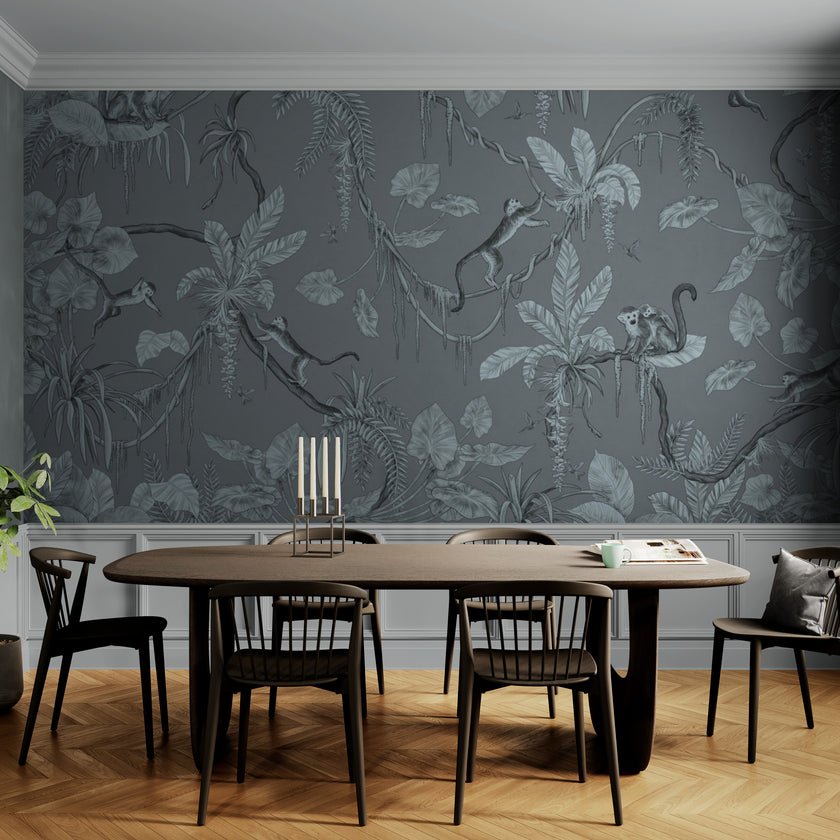 GDSE3153 Playful Monkey Wallpaper Premium Peel and Stick Material 26in Wide x 6ft, 9 ft, 12ft, Monochrome Blue