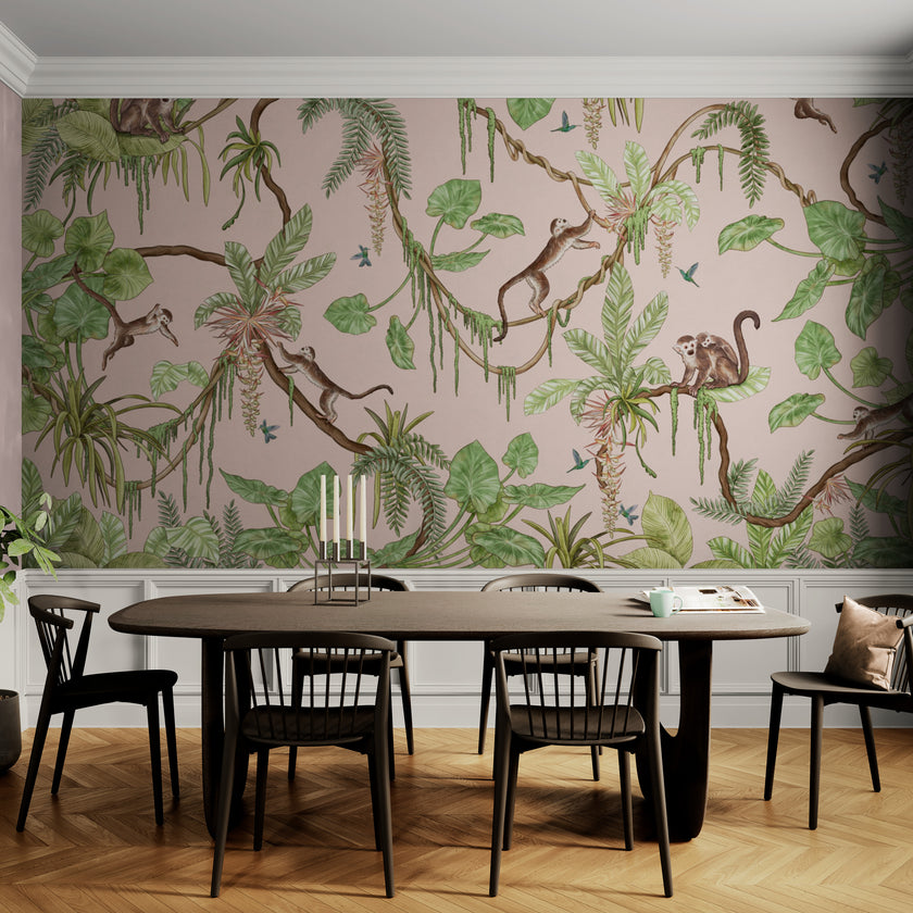 GDSE3156 Playful Monkey Wallpaper Premium Peel and Stick Material 26in Wide x 6ft, 9 ft, 12ft, Pink
