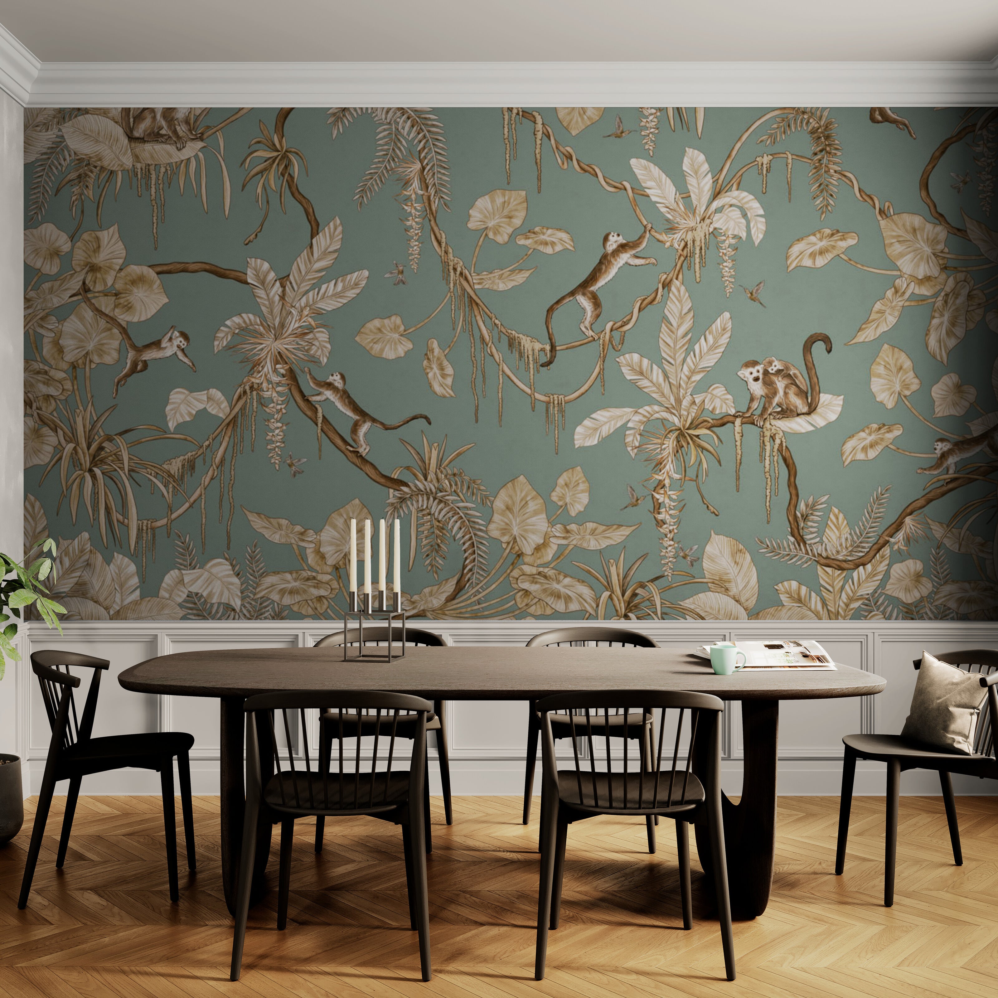 GDSE3160 Playful Monkey Wallpaper Premium Peel and Stick Material 26in Wide x 6ft, 9 ft, 12ft, Vintage Green