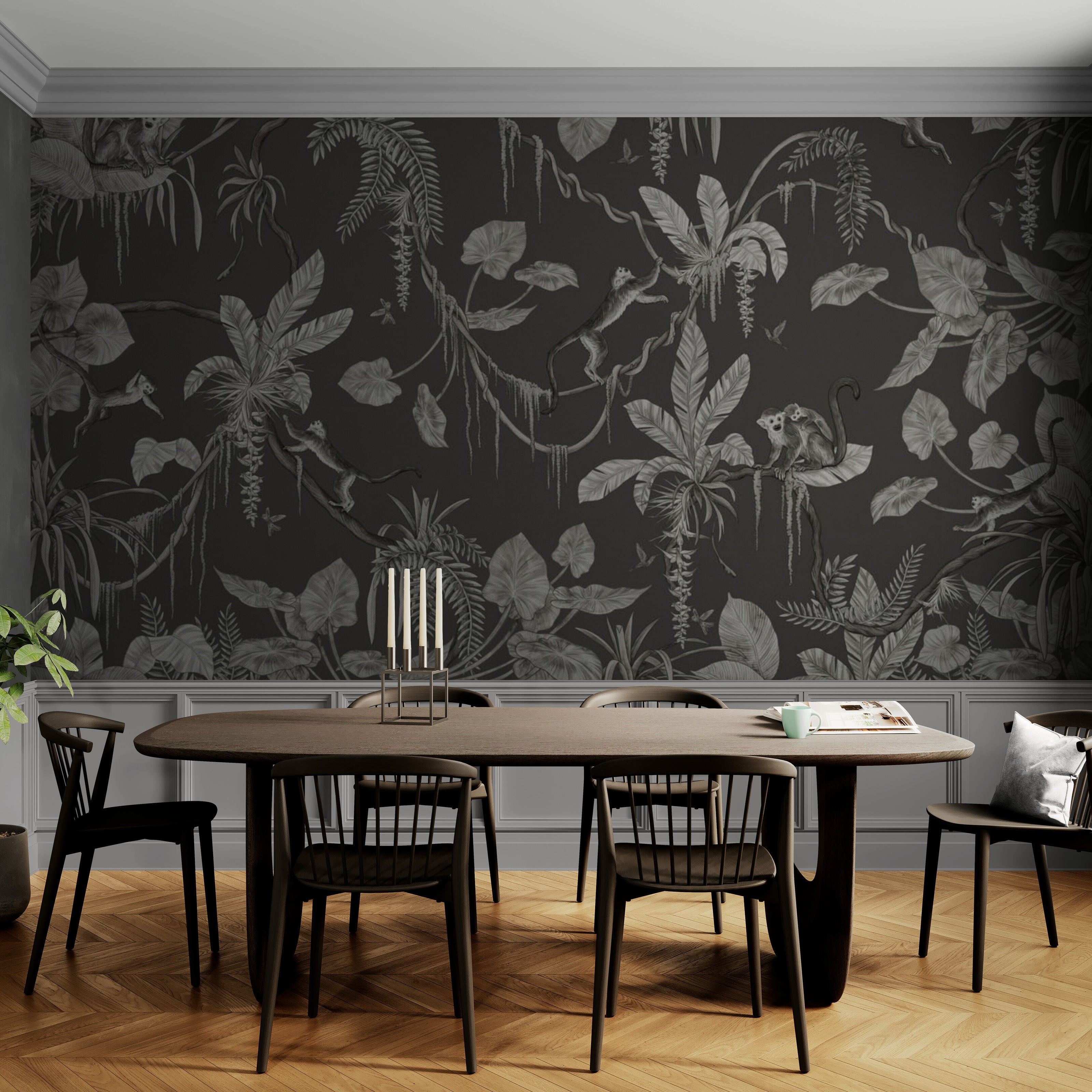 GDSE3152 Playful Monkey Wallpaper Premium Peel and Stick Material 26in Wide x 6ft, 9 ft, 12ft, Monochrome Black