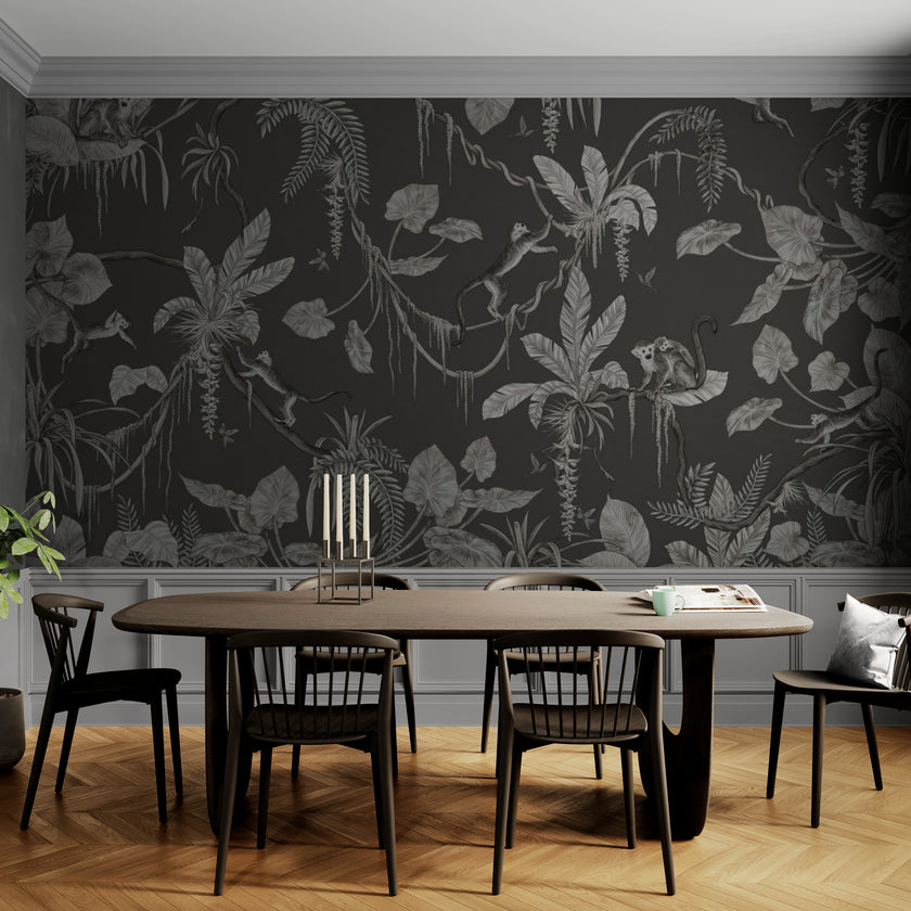 GDSE3152 Playful Monkey Wallpaper Premium Peel and Stick Material 26in Wide x 6ft, 9 ft, 12ft, Monochrome Black