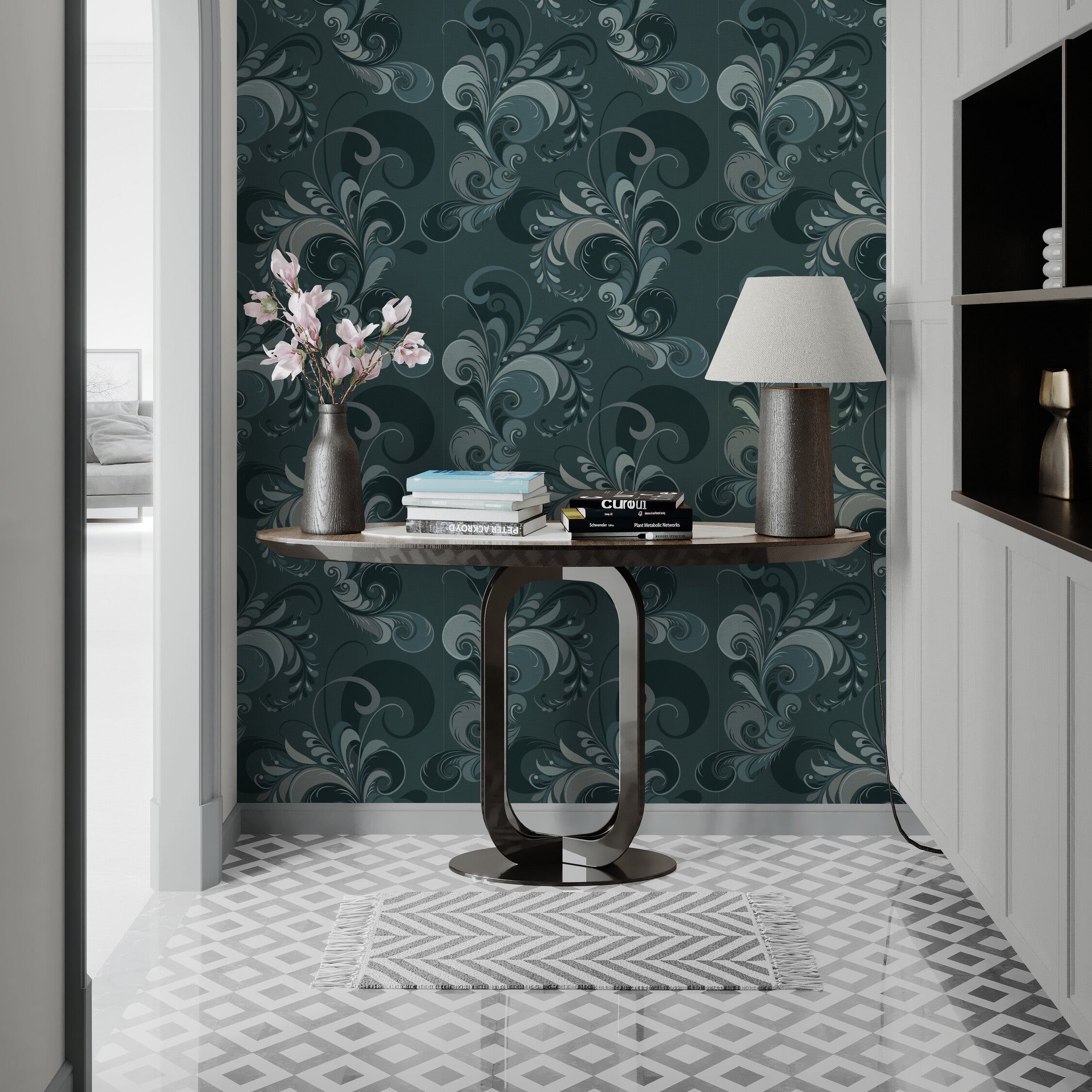 GDM0020 Marina Makaron Designs Paisley in Black Gray Off White Wallpaper Panel 26 inch Wide x 6ft, 9ft, and 12ft Long